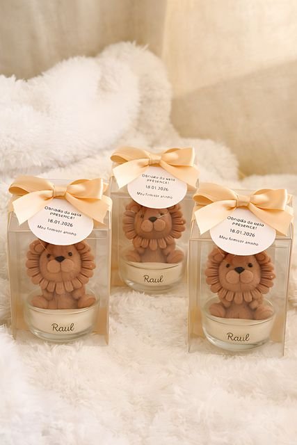 Vela leãozinho base de vidro — lembrancinha hanami personalizável